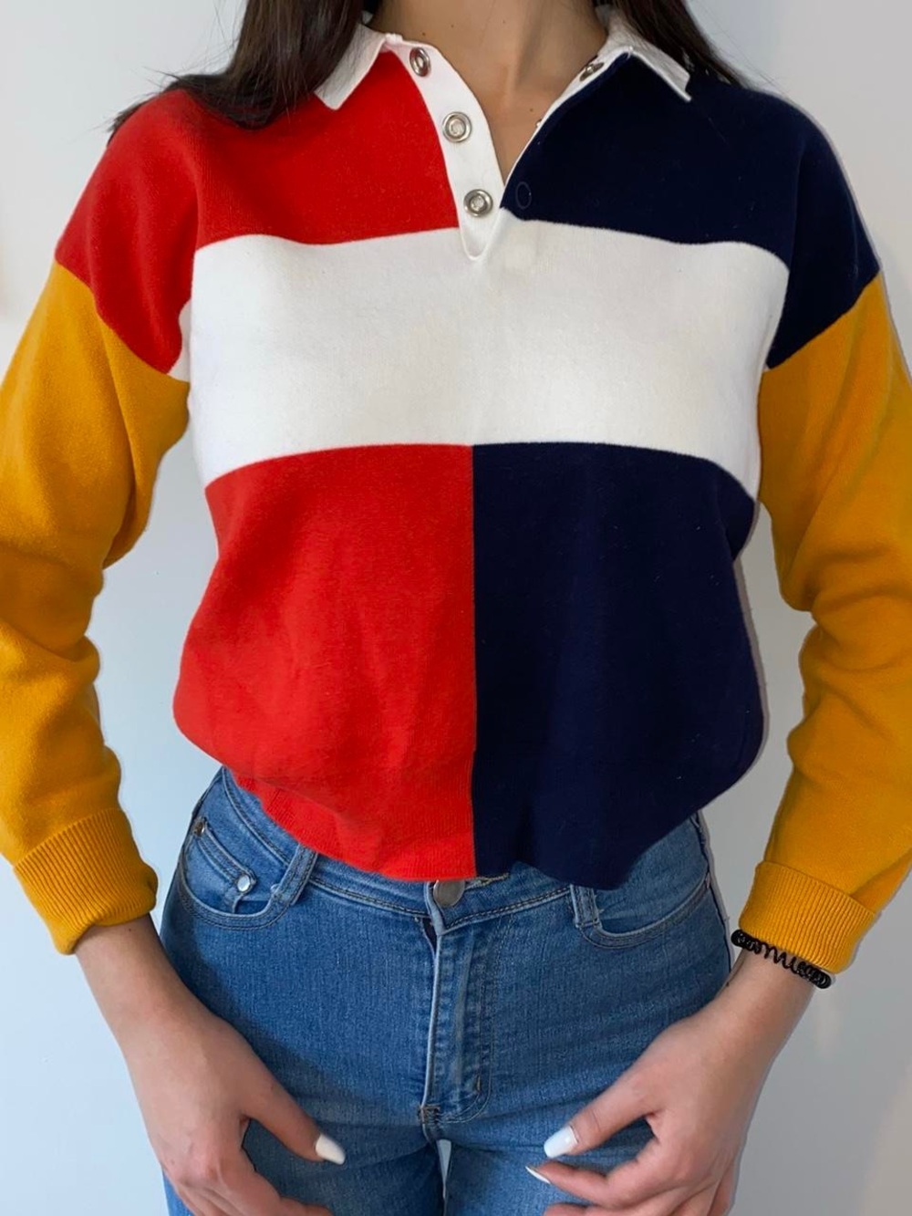 Forever 21 Vintage Colorblock Polo Sweater - Red, Navy, White & Mustard